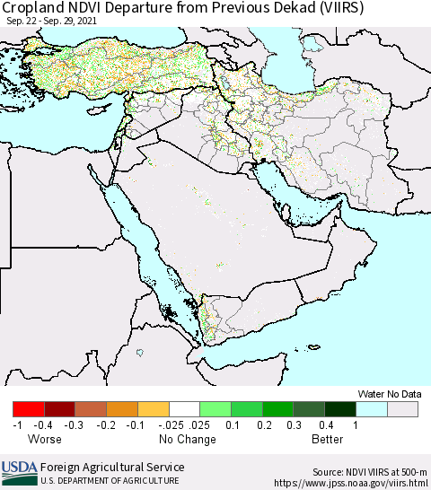Middle East and Turkey Cropland NDVI Departure from Previous Dekad (VIIRS) Thematic Map For 9/21/2021 - 9/30/2021