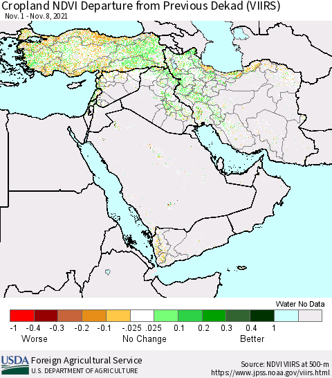 Middle East and Turkey Cropland NDVI Departure from Previous Dekad (VIIRS) Thematic Map For 11/1/2021 - 11/10/2021