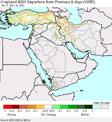 Middle East and Turkey Cropland NDVI Departure from Previous 8-days (VIIRS) Thematic Map For 11/9/2021 - 11/16/2021
