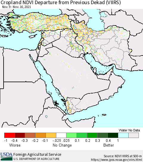 Middle East and Turkey Cropland NDVI Departure from Previous Dekad (VIIRS) Thematic Map For 11/11/2021 - 11/20/2021