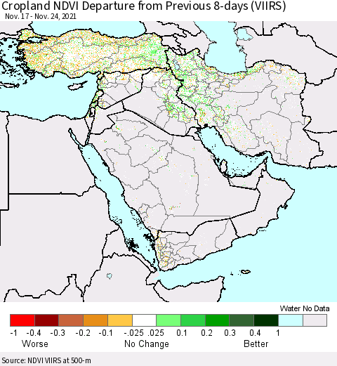 Middle East and Turkey Cropland NDVI Departure from Previous 8-days (VIIRS) Thematic Map For 11/17/2021 - 11/24/2021