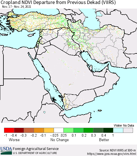 Middle East and Turkey Cropland NDVI Departure from Previous Dekad (VIIRS) Thematic Map For 11/21/2021 - 11/30/2021