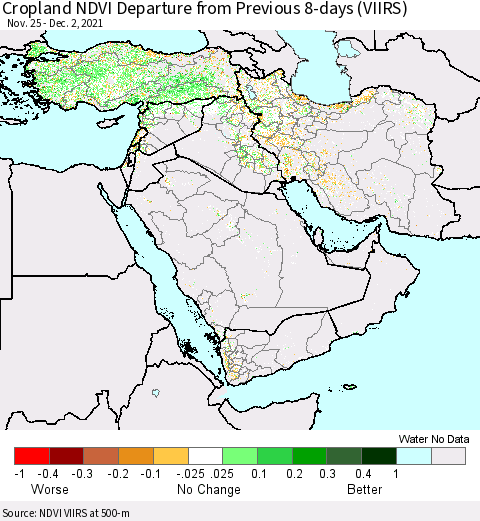 Middle East and Turkey Cropland NDVI Departure from Previous 8-days (VIIRS) Thematic Map For 11/25/2021 - 12/2/2021