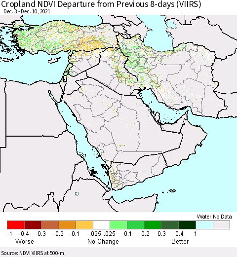 Middle East and Turkey Cropland NDVI Departure from Previous 8-days (VIIRS) Thematic Map For 12/3/2021 - 12/10/2021