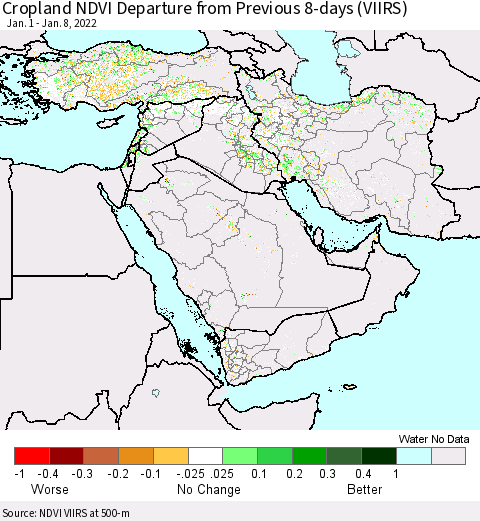 Middle East and Turkey Cropland NDVI Departure from Previous 8-days (VIIRS) Thematic Map For 1/1/2022 - 1/8/2022