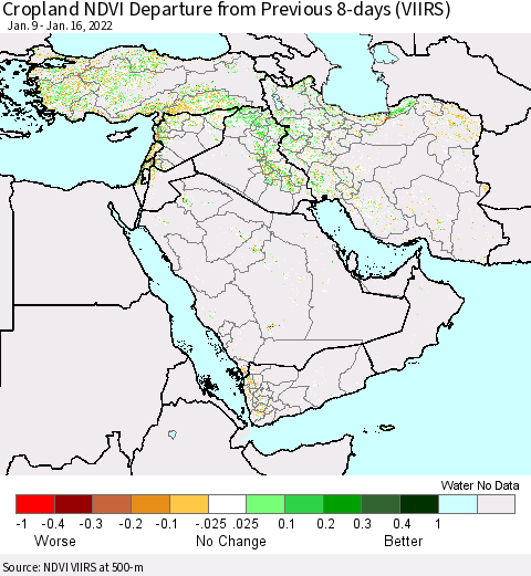 Middle East and Turkey Cropland NDVI Departure from Previous 8-days (VIIRS) Thematic Map For 1/9/2022 - 1/16/2022