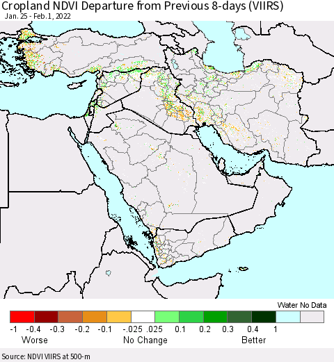 Middle East and Turkey Cropland NDVI Departure from Previous 8-days (VIIRS) Thematic Map For 1/25/2022 - 2/1/2022