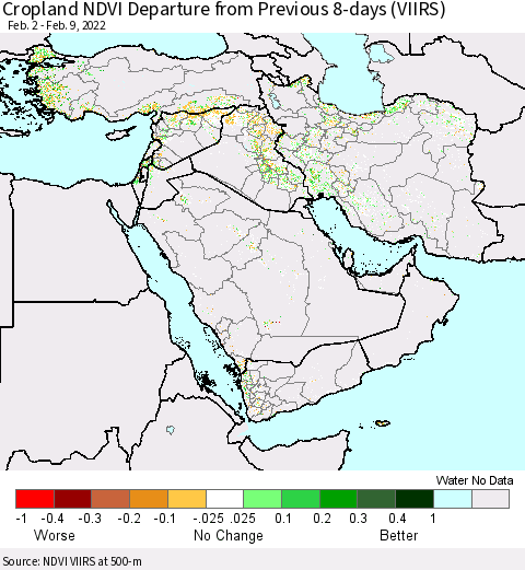 Middle East and Turkey Cropland NDVI Departure from Previous 8-days (VIIRS) Thematic Map For 2/2/2022 - 2/9/2022