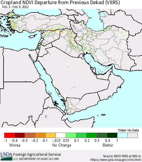 Middle East and Turkey Cropland NDVI Departure from Previous Dekad (VIIRS) Thematic Map For 2/1/2022 - 2/10/2022