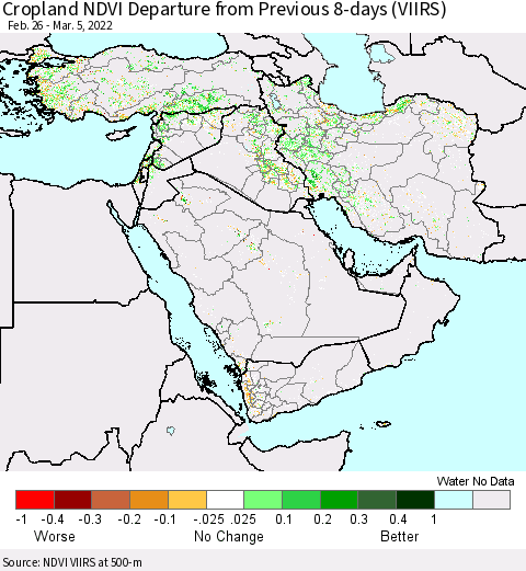 Middle East and Turkey Cropland NDVI Departure from Previous 8-days (VIIRS) Thematic Map For 2/26/2022 - 3/5/2022