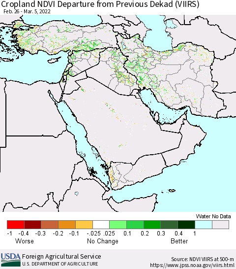 Middle East and Turkey Cropland NDVI Departure from Previous Dekad (VIIRS) Thematic Map For 3/1/2022 - 3/10/2022