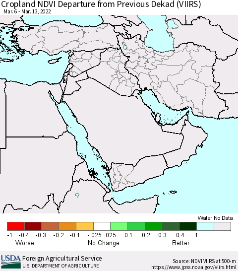 Middle East and Turkey Cropland NDVI Departure from Previous Dekad (VIIRS) Thematic Map For 3/11/2022 - 3/20/2022
