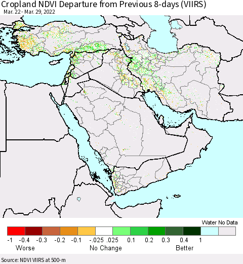 Middle East and Turkey Cropland NDVI Departure from Previous 8-days (VIIRS) Thematic Map For 3/22/2022 - 3/29/2022