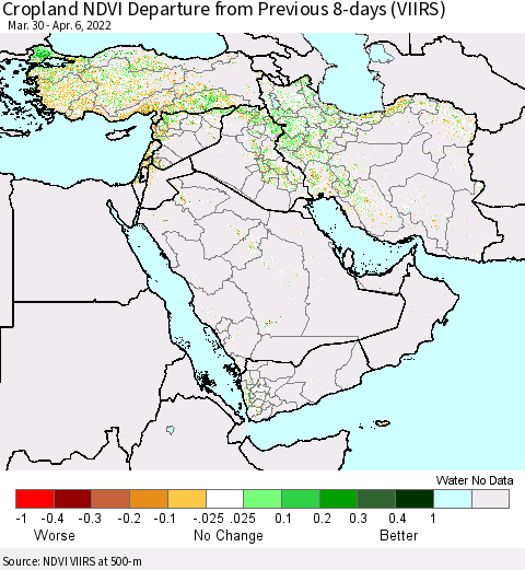 Middle East and Turkey Cropland NDVI Departure from Previous 8-days (VIIRS) Thematic Map For 3/30/2022 - 4/6/2022