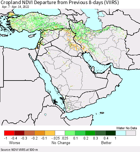 Middle East and Turkey Cropland NDVI Departure from Previous 8-days (VIIRS) Thematic Map For 4/7/2022 - 4/14/2022