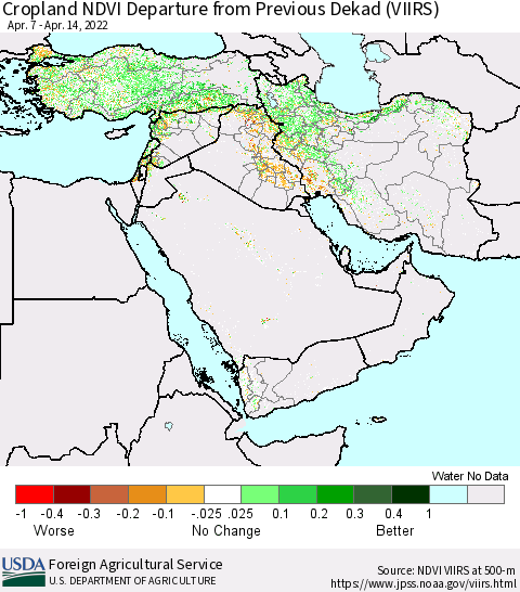 Middle East and Turkey Cropland NDVI Departure from Previous Dekad (VIIRS) Thematic Map For 4/11/2022 - 4/20/2022