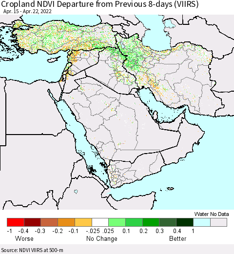 Middle East and Turkey Cropland NDVI Departure from Previous 8-days (VIIRS) Thematic Map For 4/15/2022 - 4/22/2022