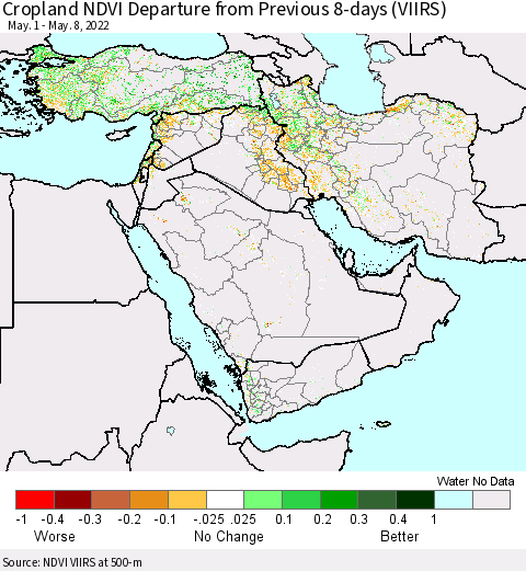 Middle East and Turkey Cropland NDVI Departure from Previous 8-days (VIIRS) Thematic Map For 5/1/2022 - 5/8/2022
