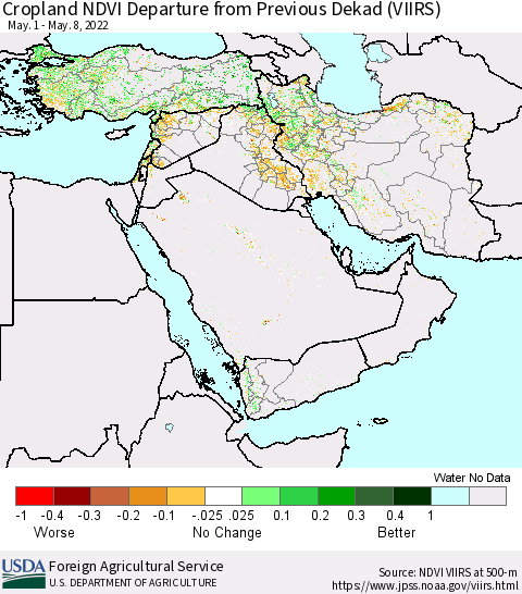 Middle East and Turkey Cropland NDVI Departure from Previous Dekad (VIIRS) Thematic Map For 5/1/2022 - 5/10/2022