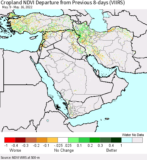 Middle East and Turkey Cropland NDVI Departure from Previous 8-days (VIIRS) Thematic Map For 5/9/2022 - 5/16/2022