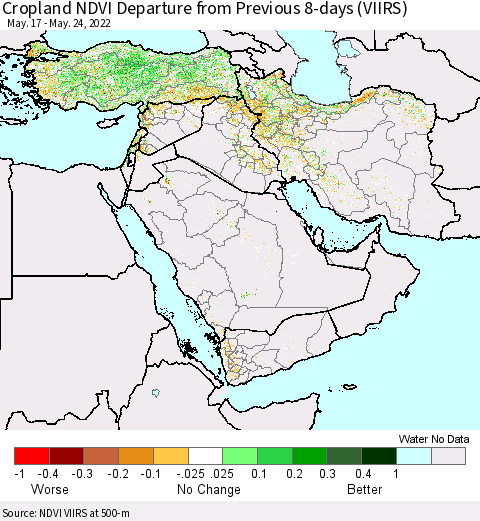 Middle East and Turkey Cropland NDVI Departure from Previous 8-days (VIIRS) Thematic Map For 5/17/2022 - 5/24/2022