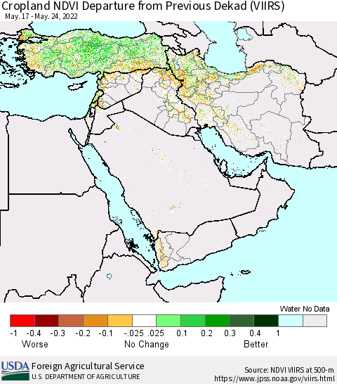 Middle East and Turkey Cropland NDVI Departure from Previous Dekad (VIIRS) Thematic Map For 5/21/2022 - 5/31/2022