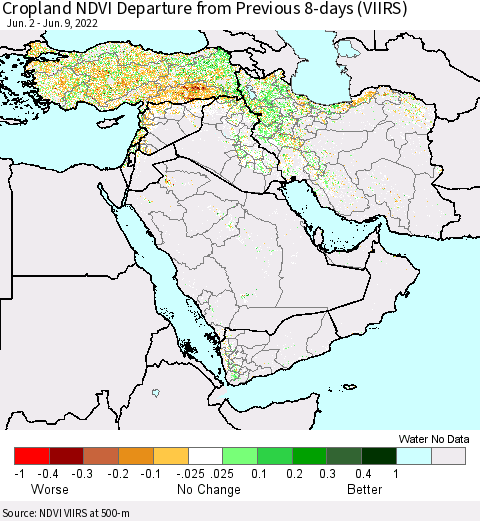 Middle East and Turkey Cropland NDVI Departure from Previous 8-days (VIIRS) Thematic Map For 6/2/2022 - 6/9/2022