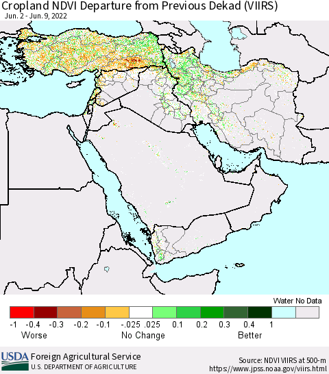 Middle East and Turkey Cropland NDVI Departure from Previous Dekad (VIIRS) Thematic Map For 6/1/2022 - 6/10/2022