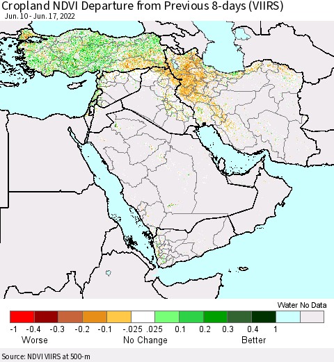 Middle East and Turkey Cropland NDVI Departure from Previous 8-days (VIIRS) Thematic Map For 6/10/2022 - 6/17/2022