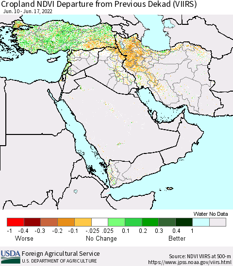 Middle East and Turkey Cropland NDVI Departure from Previous Dekad (VIIRS) Thematic Map For 6/11/2022 - 6/20/2022