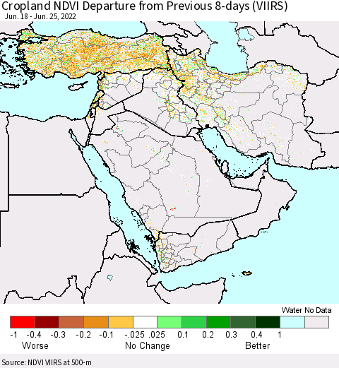 Middle East and Turkey Cropland NDVI Departure from Previous 8-days (VIIRS) Thematic Map For 6/18/2022 - 6/25/2022