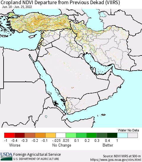 Middle East and Turkey Cropland NDVI Departure from Previous Dekad (VIIRS) Thematic Map For 6/21/2022 - 6/30/2022