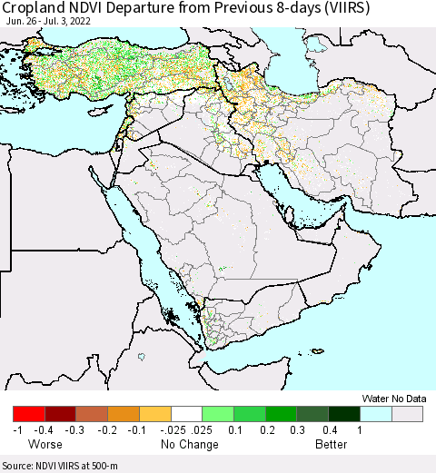 Middle East and Turkey Cropland NDVI Departure from Previous 8-days (VIIRS) Thematic Map For 6/26/2022 - 7/3/2022