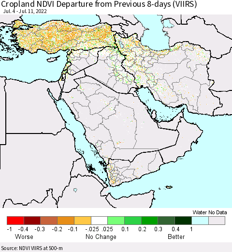 Middle East and Turkey Cropland NDVI Departure from Previous 8-days (VIIRS) Thematic Map For 7/4/2022 - 7/11/2022