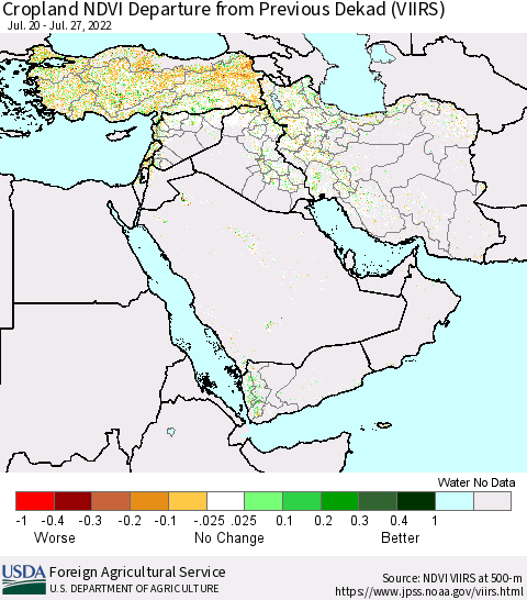 Middle East and Turkey Cropland NDVI Departure from Previous Dekad (VIIRS) Thematic Map For 7/21/2022 - 7/31/2022