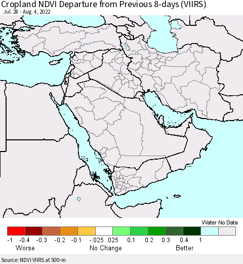 Middle East and Turkey Cropland NDVI Departure from Previous 8-days (VIIRS) Thematic Map For 7/28/2022 - 8/4/2022