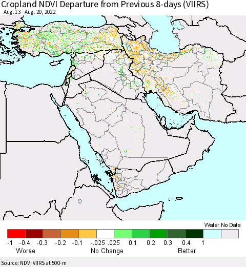 Middle East and Turkey Cropland NDVI Departure from Previous 8-days (VIIRS) Thematic Map For 8/13/2022 - 8/20/2022
