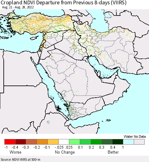 Middle East and Turkey Cropland NDVI Departure from Previous 8-days (VIIRS) Thematic Map For 8/21/2022 - 8/28/2022