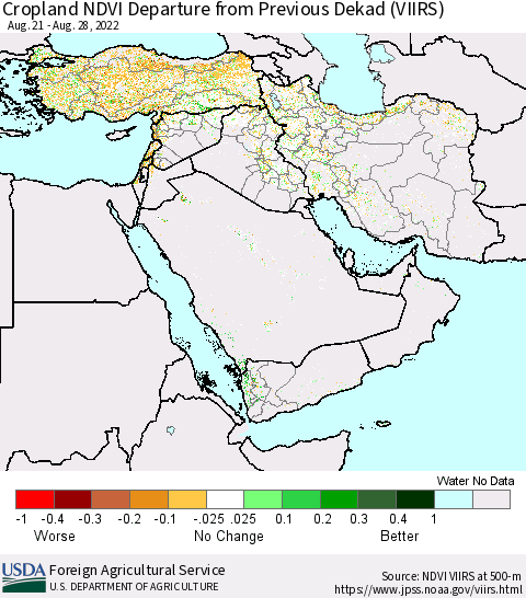Middle East and Turkey Cropland NDVI Departure from Previous Dekad (VIIRS) Thematic Map For 8/21/2022 - 8/31/2022