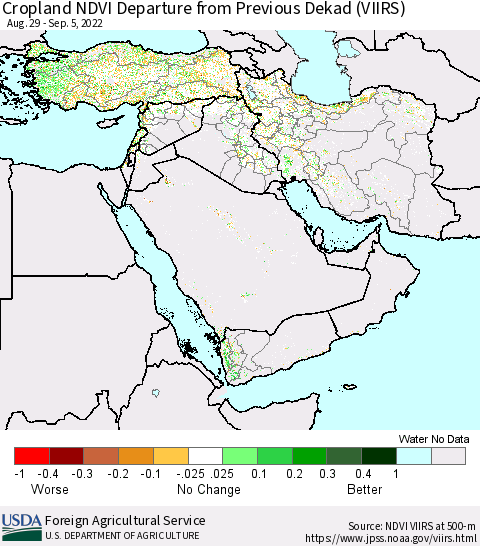 Middle East and Turkey Cropland NDVI Departure from Previous Dekad (VIIRS) Thematic Map For 9/1/2022 - 9/10/2022