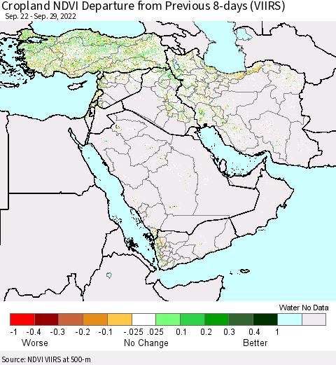 Middle East and Turkey Cropland NDVI Departure from Previous 8-days (VIIRS) Thematic Map For 9/22/2022 - 9/29/2022