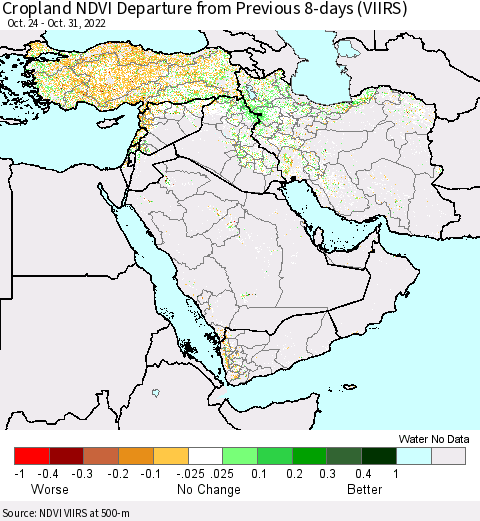 Middle East and Turkey Cropland NDVI Departure from Previous Dekad (VIIRS) Thematic Map For 10/21/2022 - 10/31/2022