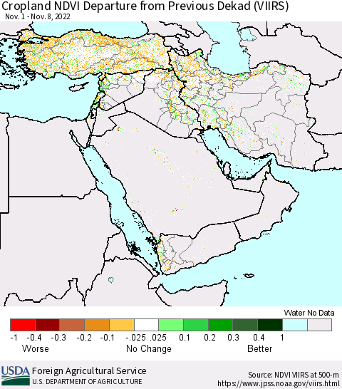 Middle East and Turkey Cropland NDVI Departure from Previous Dekad (VIIRS) Thematic Map For 11/1/2022 - 11/10/2022
