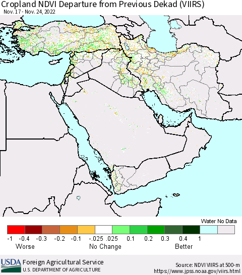 Middle East and Turkey Cropland NDVI Departure from Previous Dekad (VIIRS) Thematic Map For 11/21/2022 - 11/30/2022