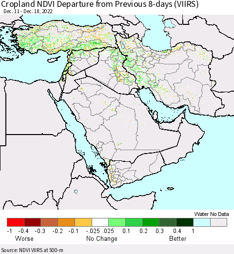 Middle East and Turkey Cropland NDVI Departure from Previous 8-days (VIIRS) Thematic Map For 12/11/2022 - 12/18/2022