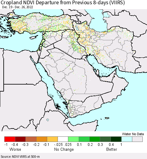 Middle East and Turkey Cropland NDVI Departure from Previous 8-days (VIIRS) Thematic Map For 12/19/2022 - 12/26/2022