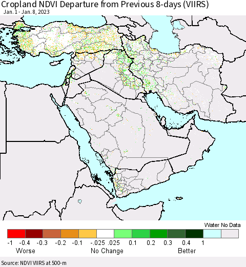 Middle East and Turkey Cropland NDVI Departure from Previous 8-days (VIIRS) Thematic Map For 1/1/2023 - 1/8/2023