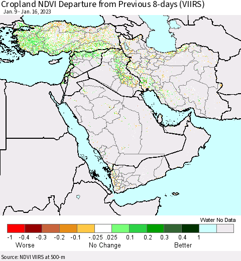 Middle East and Turkey Cropland NDVI Departure from Previous 8-days (VIIRS) Thematic Map For 1/9/2023 - 1/16/2023