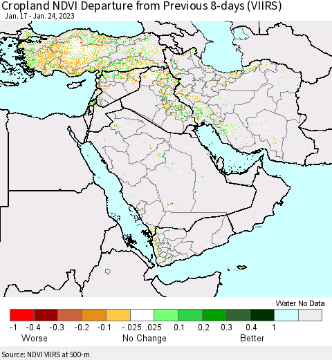 Middle East and Turkey Cropland NDVI Departure from Previous 8-days (VIIRS) Thematic Map For 1/17/2023 - 1/24/2023