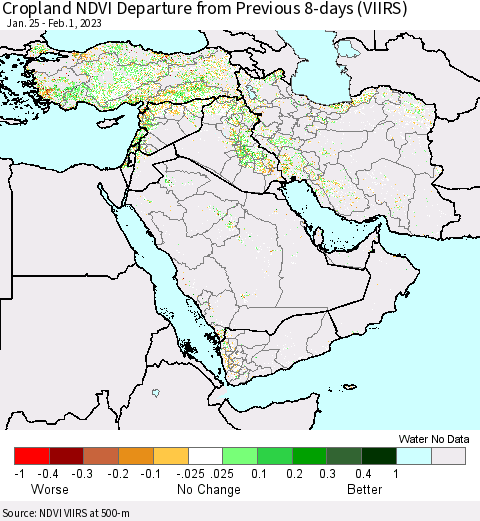 Middle East and Turkey Cropland NDVI Departure from Previous 8-days (VIIRS) Thematic Map For 1/25/2023 - 2/1/2023